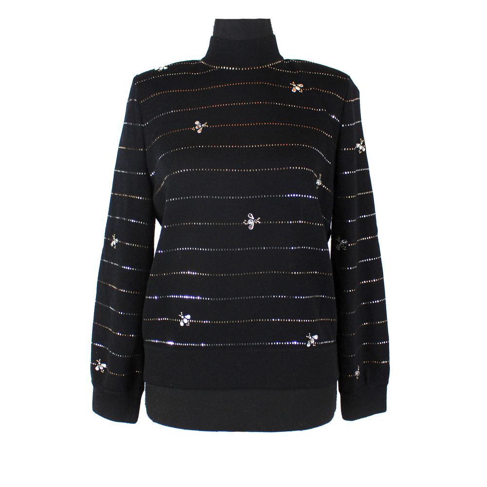 St. John Evening Embellished Sweater Black Rib Knit Rhinestone Bee Paillette P